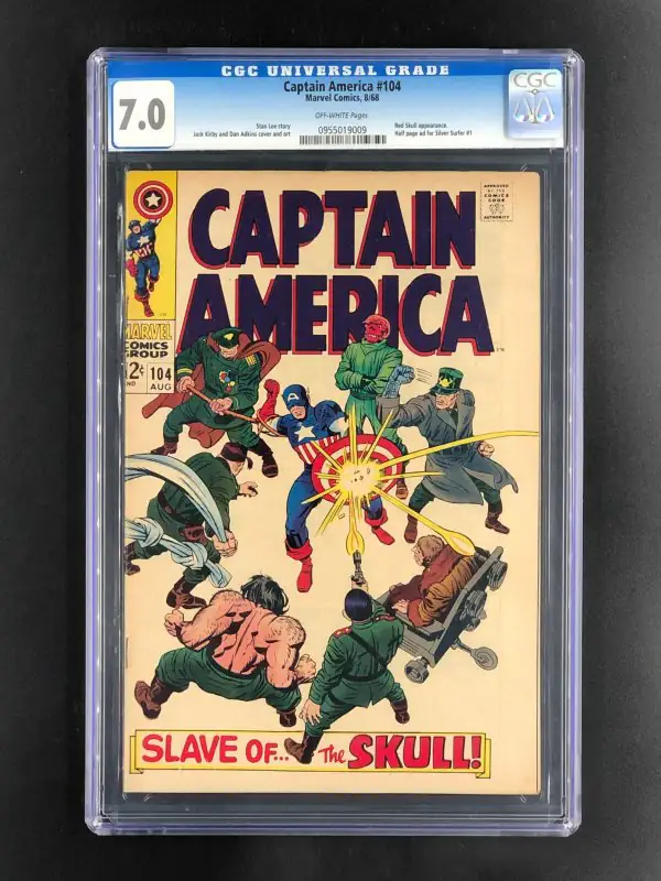 Captain America #104 (Marvel Comics, 1968), CGC 7.0 graded comic book, Universal Blue label — front cover in its holder