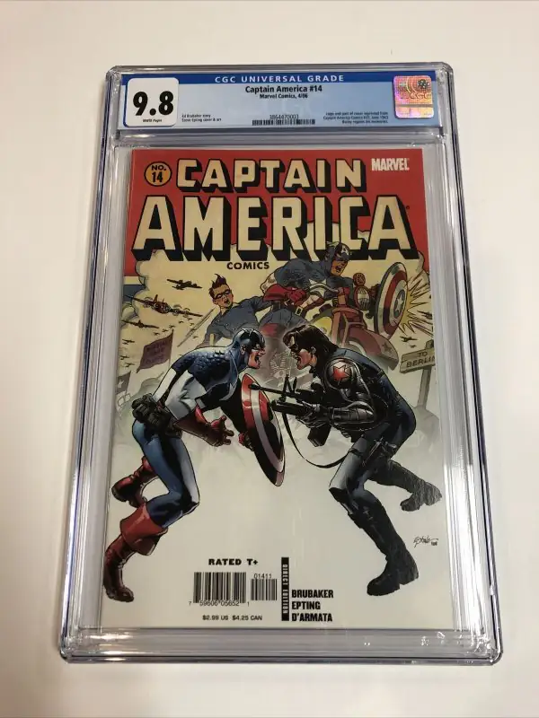 Captain America #14 (Marvel Comics, 2006), CGC 9.8 graded comic book, Universal Blue label — front cover in its holder