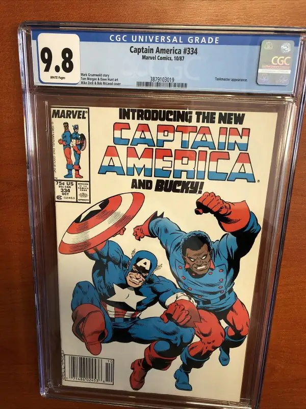 Captain America #334 (Marvel Comics, 1987), CGC 9.8 graded comic book, Universal Blue label — front cover in its holder