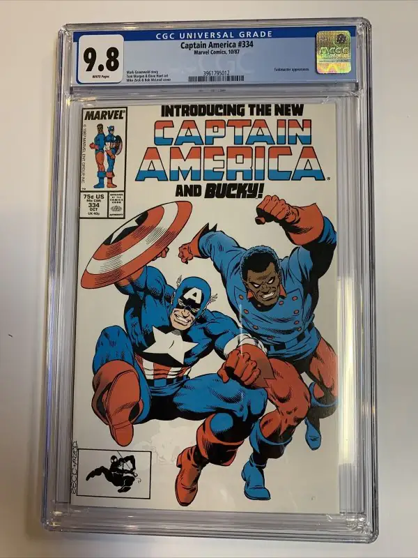 Captain America #334 (Marvel Comics, 1987), CGC 9.8 graded comic book, Universal Blue label — front cover in its holder
