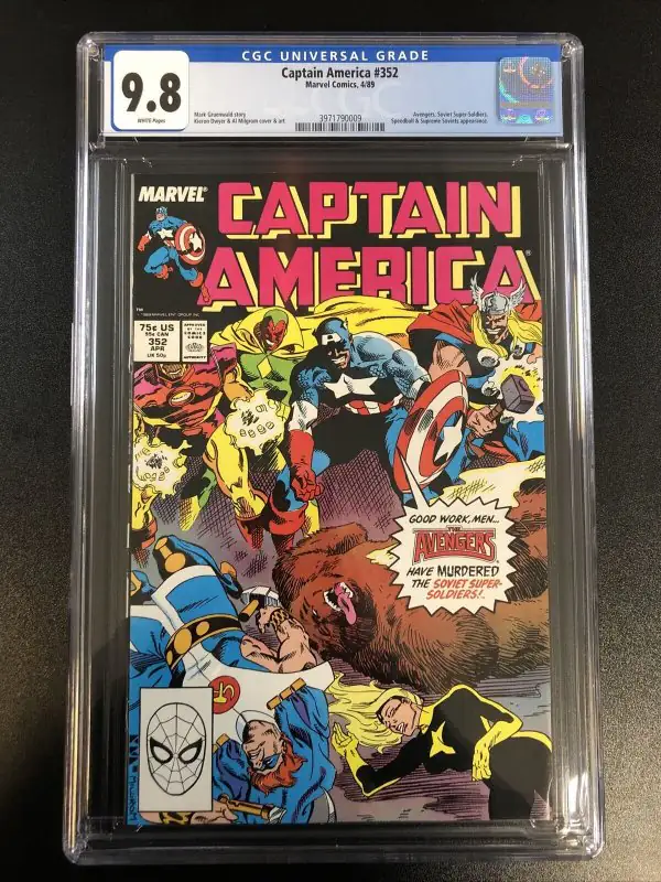 Captain America #352 (Marvel Comics, 1989), CGC 9.8 graded comic book, Universal Blue label — front cover in its holder