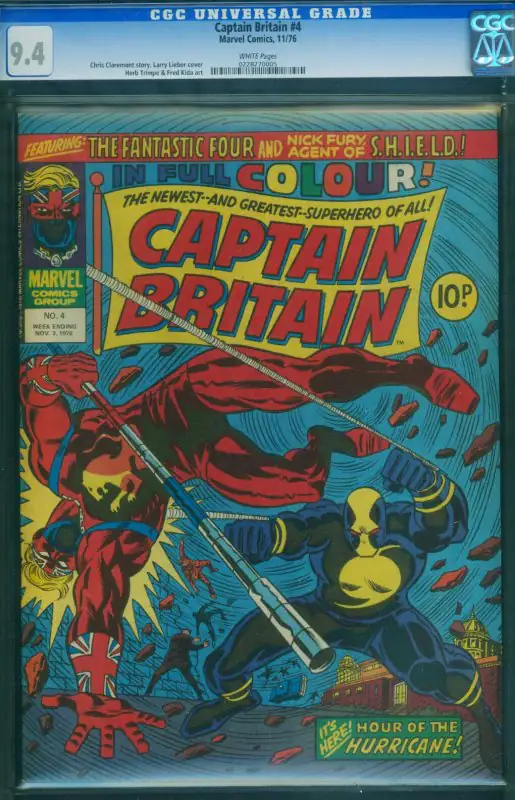 Captain Britain #4 (Marvel Comics, 1976), CGC 9.4 graded comic book, Universal Blue label — front cover in its holder