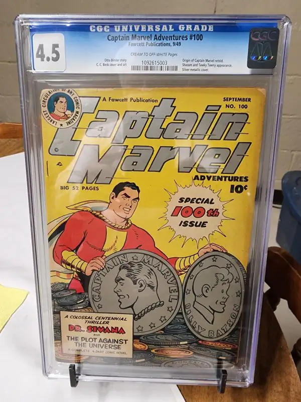 Captain Marvel Adventures #100 (Fawcett Publications, 1949), CGC 4.5 graded comic book, Universal Blue label — front cover in its holder