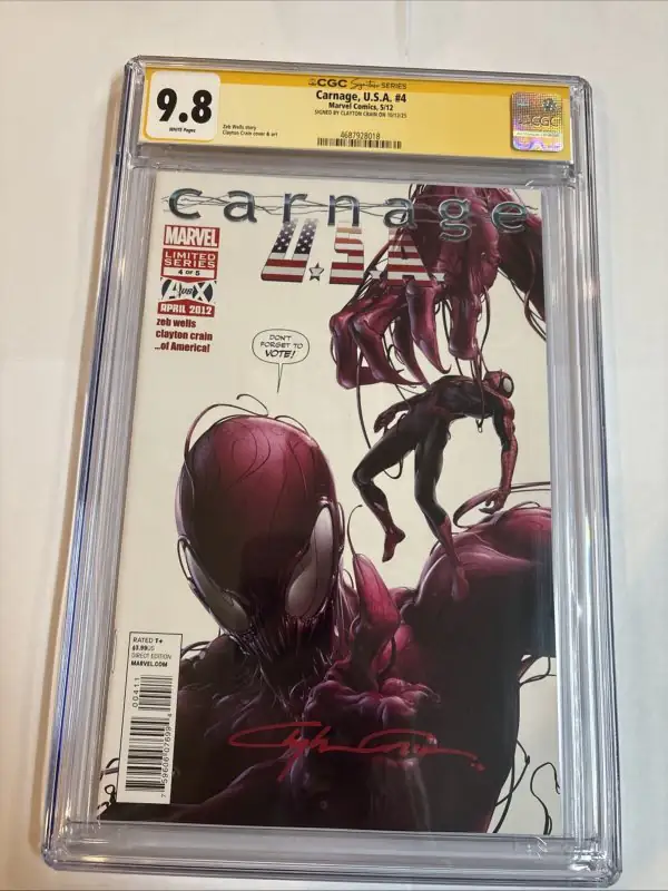 Carnage USA #4 (Marvel Comics, 2012), CGC 9.8 graded comic book, Signature Series label — front cover in its holder