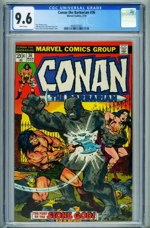 Conan the Barbarian #36 (Marvel Comics, 1974), CGC 9.6 graded comic book, Universal Blue label — front cover in its holder