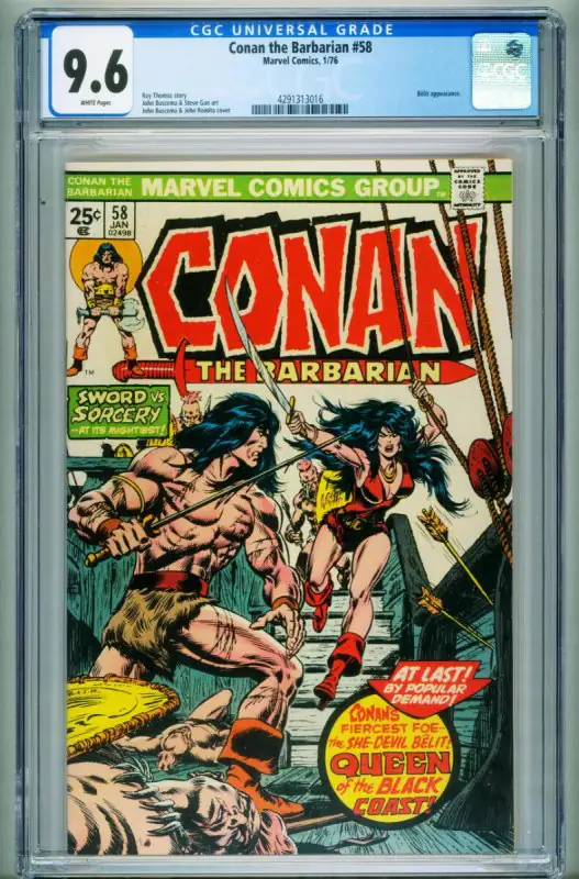 Conan the Barbarian #58 (Marvel Comics, 1976), CGC 9.6 graded comic book, Universal Blue label — front cover in its holder