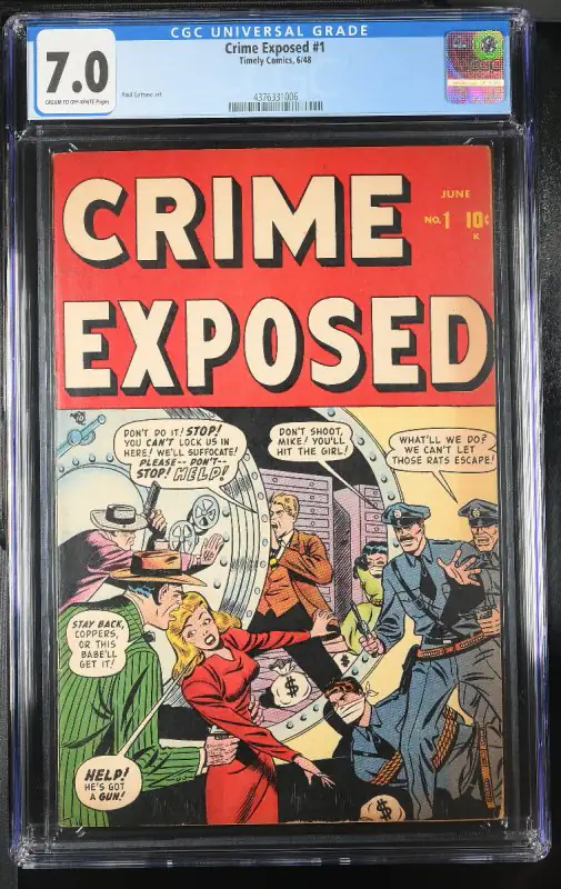 Crime Exposed #9 (Timely Comics, 1948), CGC 7.0 graded comic book, Universal Blue label — front cover in its holder