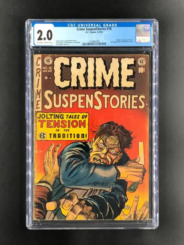 Crime SuspenStories #16 (EC Comics, 1953), CGC 2.0 graded comic book, Universal Blue label — front cover in its holder