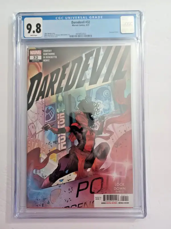 Daredevil #32 (Marvel Comics, 2021), CGC 9.8 graded comic book, Universal Blue label — front cover in its holder