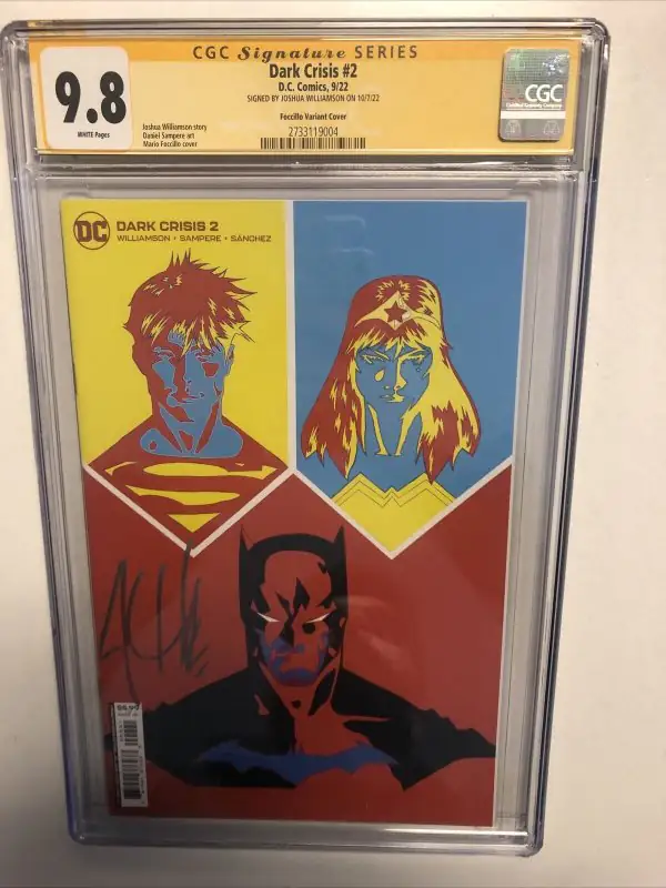 Dark Crisis #2 (DC Comics, 2022), CGC 9.8 graded comic book, Signature Series label — front cover in its holder