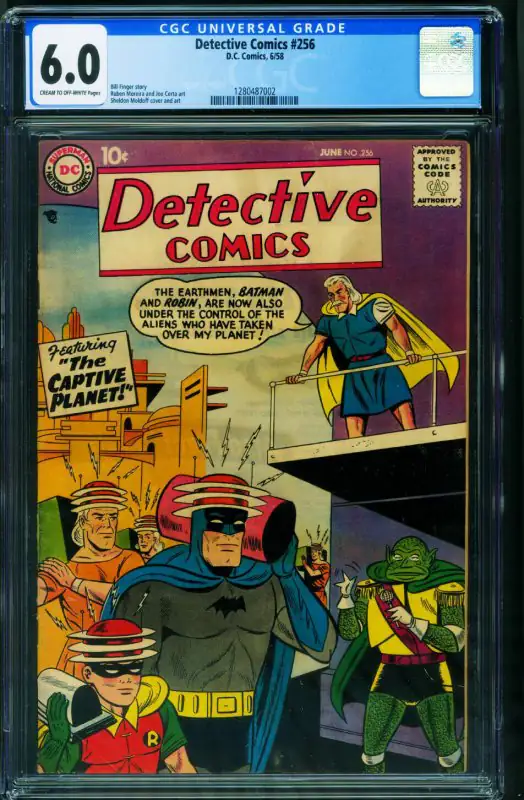 Detective #256 (DC Comics, 1958), CGC 6.0 graded comic book, Universal Blue label — front cover in its holder