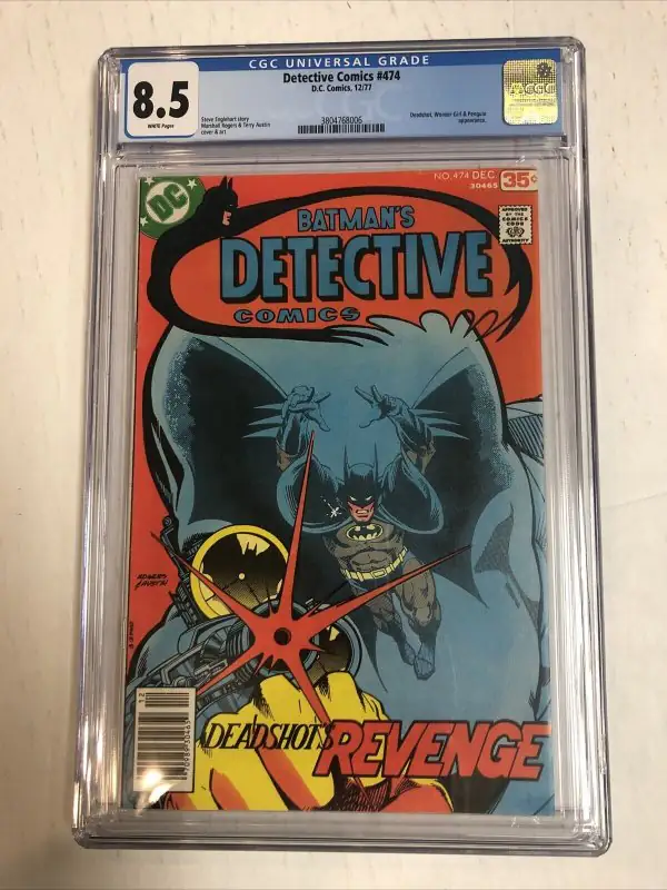 Detective Comics #474 (DC Comics, 1977), CGC 8.5 graded comic book, Universal Blue label — front cover in its holder
