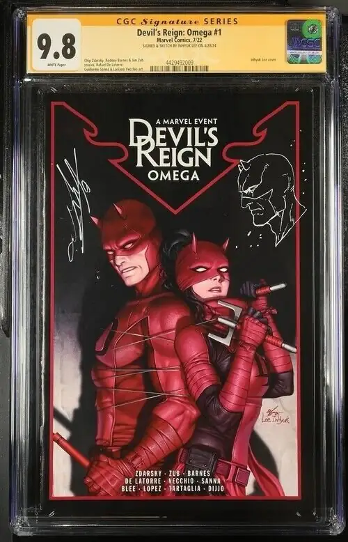 Devil's Reign: Omega #1 (Marvel Comics, 2022), CGC 9.8 graded comic book, Signature Series label — front cover in its holder