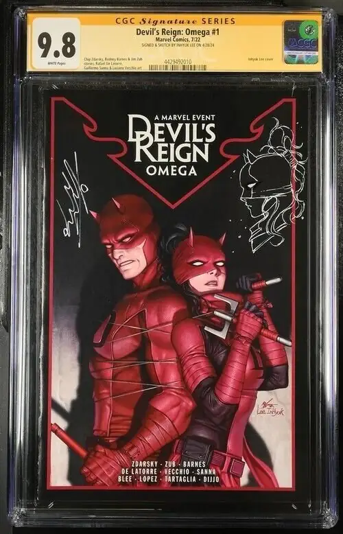 Devil's Reign: Omega #1 (Marvel Comics, 2022), CGC 9.8 graded comic book, Signature Series label — front cover in its holder