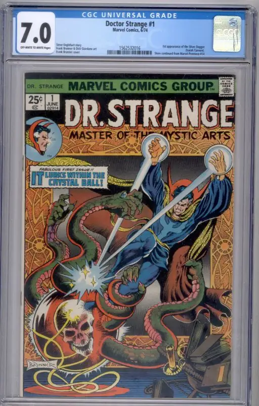 Doctor Strange #1 (Marvel Comics, 1974), CGC 7.0 graded comic book, Universal Blue label — front cover in its holder