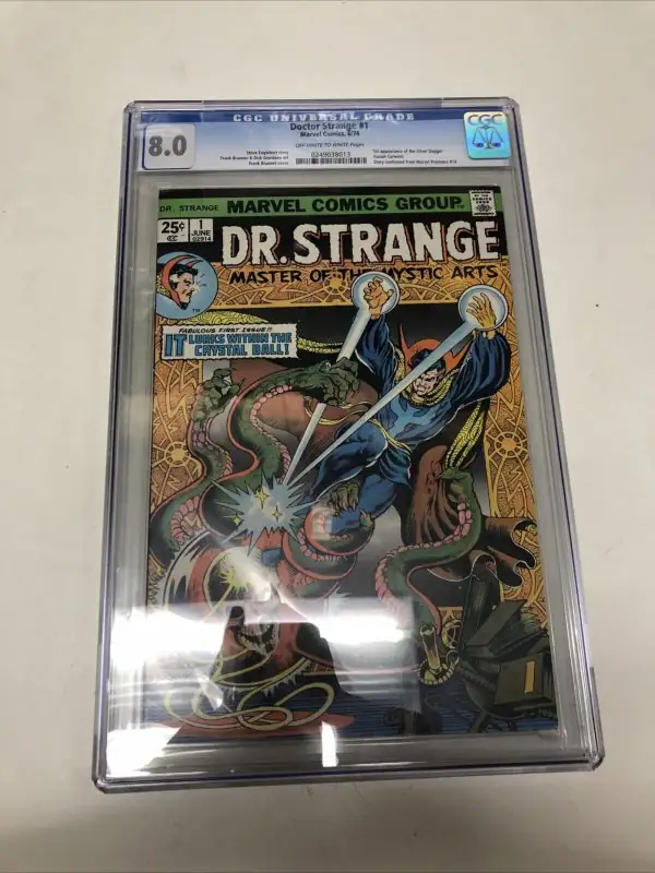 Doctor Strange #1 (Marvel Comics, 1974), CGC 8.0 graded comic book, Universal Blue label — front cover in its holder