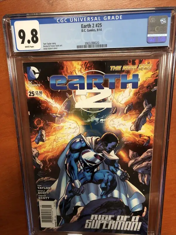 Earth 2 #25 (DC Comics, 2014), CGC 9.8 graded comic book, Universal Blue label — front cover in its holder