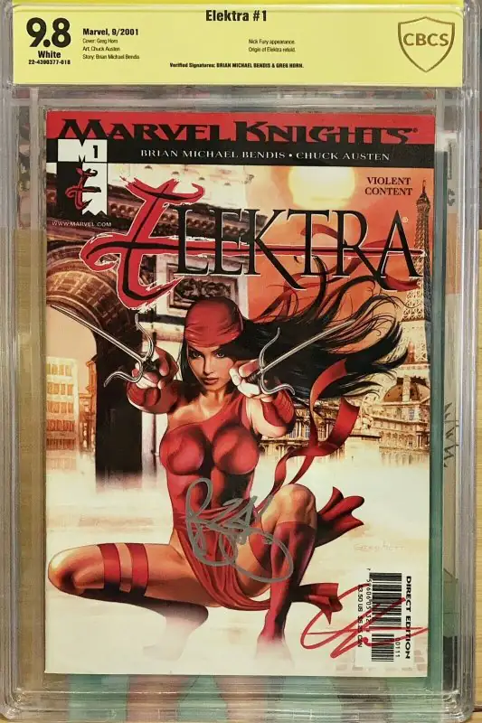 Elektra #1 (Marvel Comics, 2001), CGC 9.8 graded comic book, Signature Series label — front cover in its holder