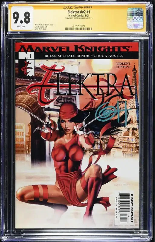 Elektra #1 (Marvel Comics, 2001), CGC 9.8 graded comic book, Signature Series label — front cover in its holder