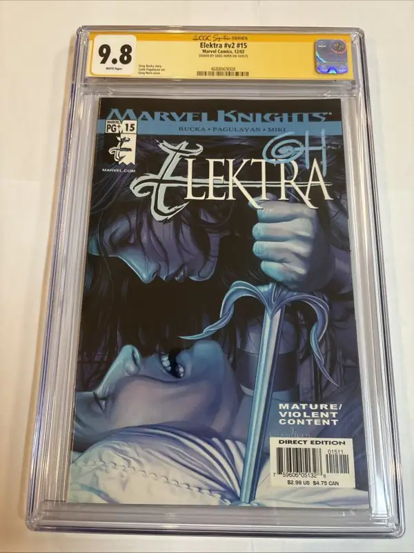 Elektra #15 (Marvel Comics, 2002), CGC 9.8 graded comic book, Signature Series label — front cover in its holder
