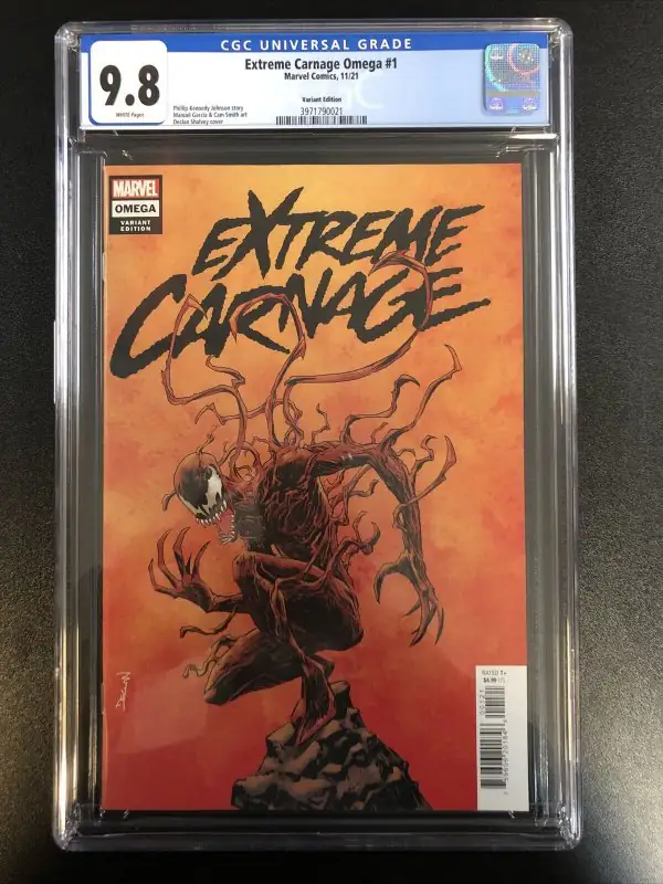 Extreme Carnage Omega #1 (Marvel Comics, 2021), CGC 9.8 graded comic book, Universal Blue label — front cover in its holder