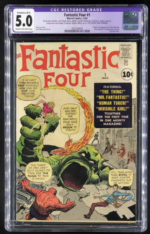 Fantastic Four #1 (Marvel Comics, 1961), CGC 5.0 graded comic book, Restored label — front cover in its holder