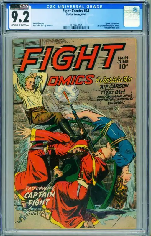 Fight #44 (Fiction House, 1946), CGC 9.2 graded comic book, Universal Blue label — front cover in its holder
