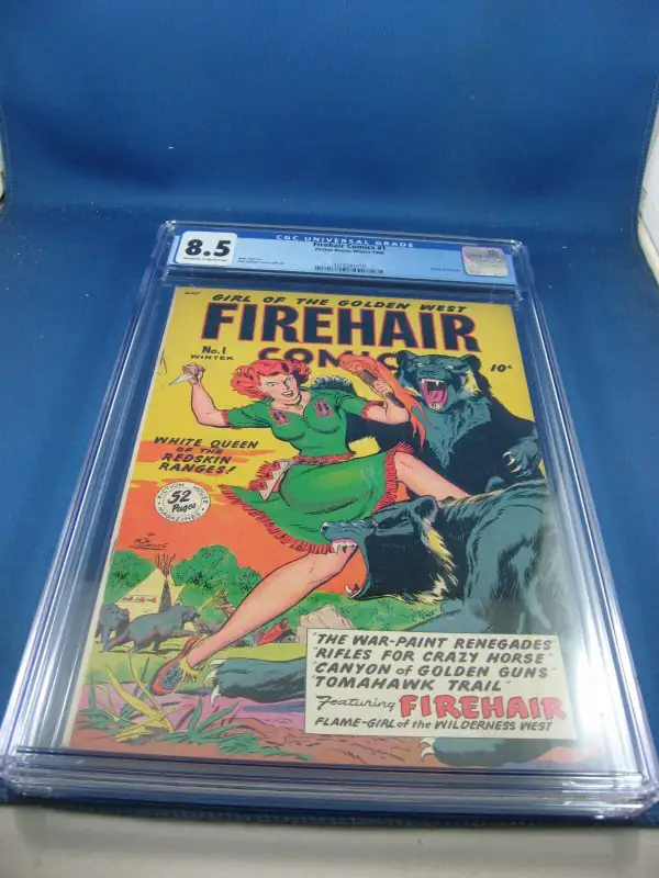Firehair Comics #1 (Fiction House, 1948), CGC 8.5 graded comic book, Universal Blue label — front cover in its holder