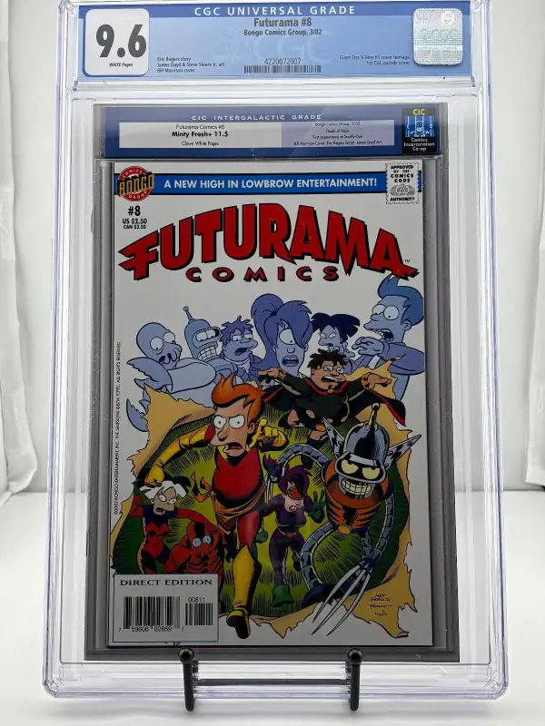 Futurama #8 (Bongo Comics, 2002), CGC 9.6 graded comic book, Universal Blue label — front cover in its holder