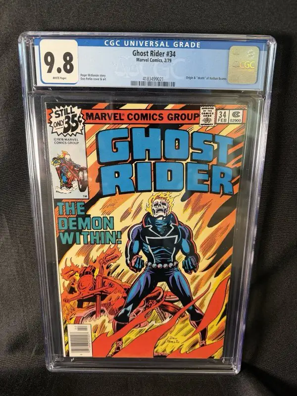 Ghost Rider #34 (Marvel Comics, 1979), CGC 9.8 graded comic book, Universal Blue label — front cover in its holder