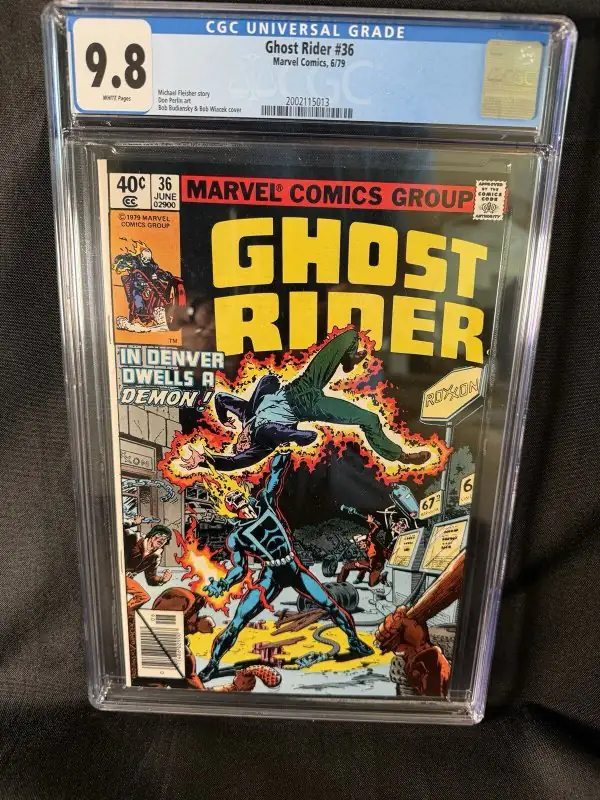 Ghost Rider #36 (Marvel Comics, 1979), CGC 9.8 graded comic book, Universal Blue label — front cover in its holder