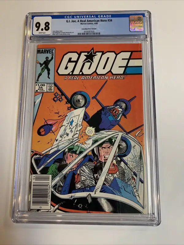 GI Joe a Real American Hero #34 (Marvel Comics, 1985), CGC 9.8 graded comic book, Universal Blue label — front cover in its holder