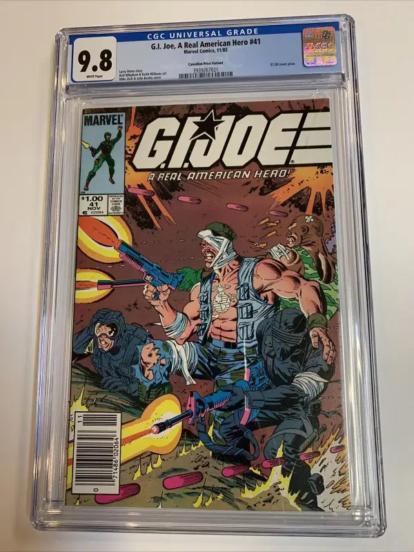 GI Joe a Real American Hero #41 (Marvel Comics, 1985), CGC 9.8 graded comic book, Universal Blue label — front cover in its holder