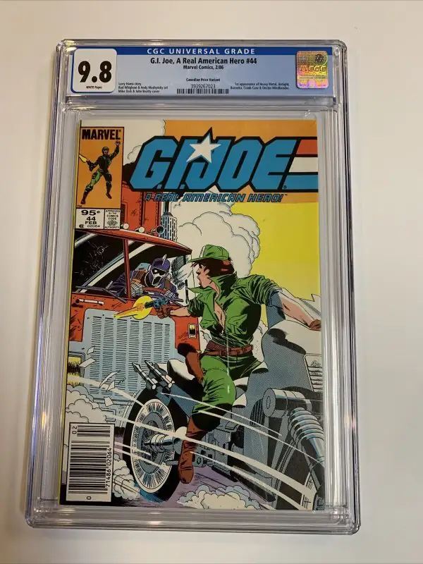 GI Joe a Real American Hero #44 (Marvel Comics, 1986), CGC 9.8 graded comic book, Universal Blue label — front cover in its holder