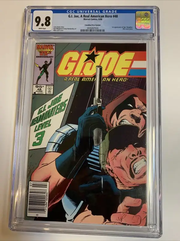 GI Joe a Real American Hero #48 (Marvel Comics, 1986), CGC 9.8 graded comic book, Universal Blue label — front cover in its holder