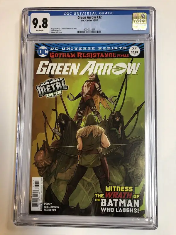 Green Arrow #32 (DC Comics, 2017), CGC 9.8 graded comic book, Universal Blue label — front cover in its holder