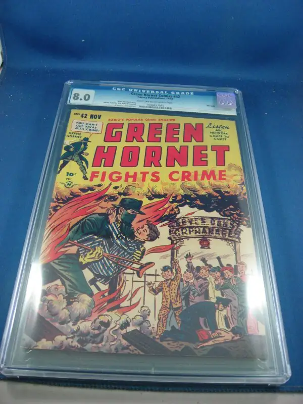 Green Hornet #42 (Harvey Comics, 1948), CGC 8.0 graded comic book, Universal Blue label — front cover in its holder