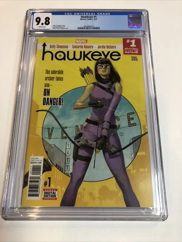 Hawkeye #1 (Marvel Comics, 2017), CGC 9.8 graded comic book, Universal Blue label — front cover in its holder