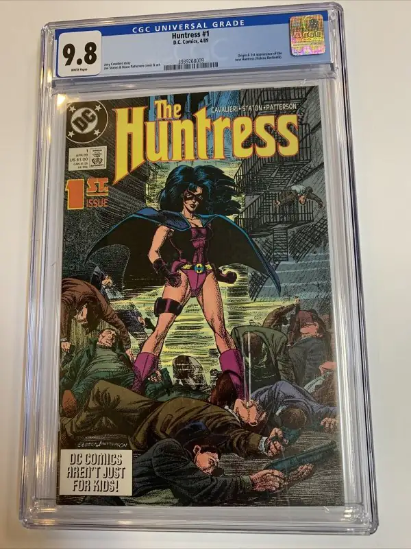 Huntress #1 (DC Comics, 1989), CGC 9.8 graded comic book, Universal Blue label — front cover in its holder