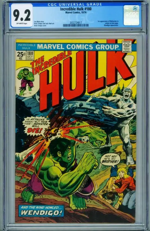 Incredible Hulk #180 (Marvel Comics, 1974), CGC 9.2 graded comic book, Universal Blue label — front cover in its holder