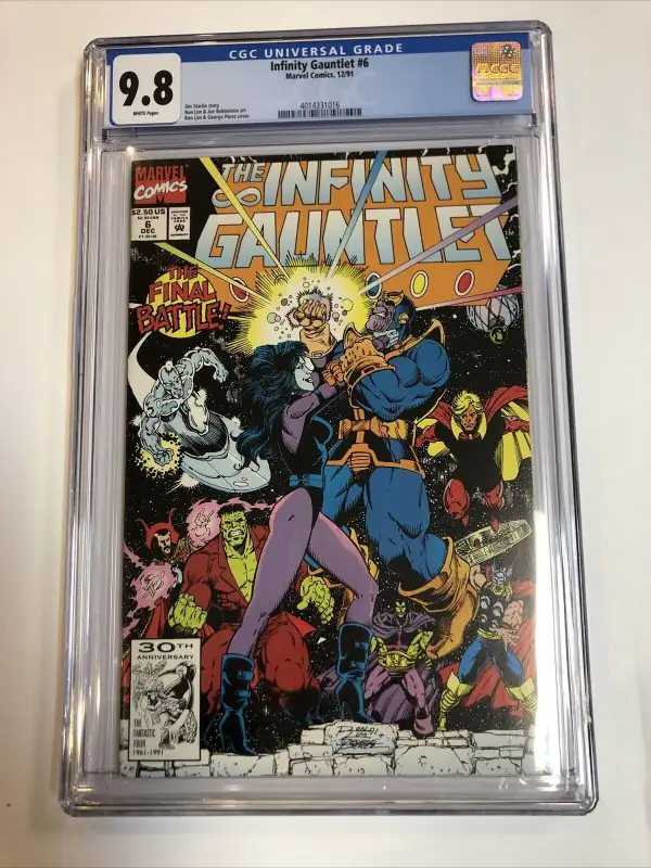 Infinity Gauntlet #6 (Marvel Comics, 1991), CGC 9.8 graded comic book, Universal Blue label — front cover in its holder