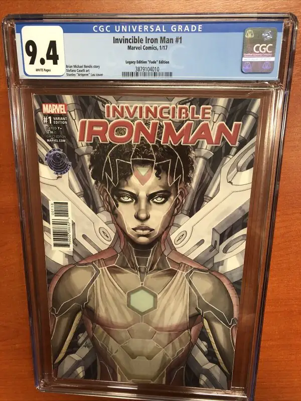 Invincible Iron Man #1 (Marvel Comics, 2017), CGC 9.4 graded comic book, Universal Blue label — front cover in its holder