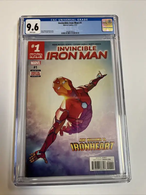 Invincible Iron Man #1 (Marvel Comics, 2017), CGC 9.6 graded comic book, Universal Blue label — front cover in its holder