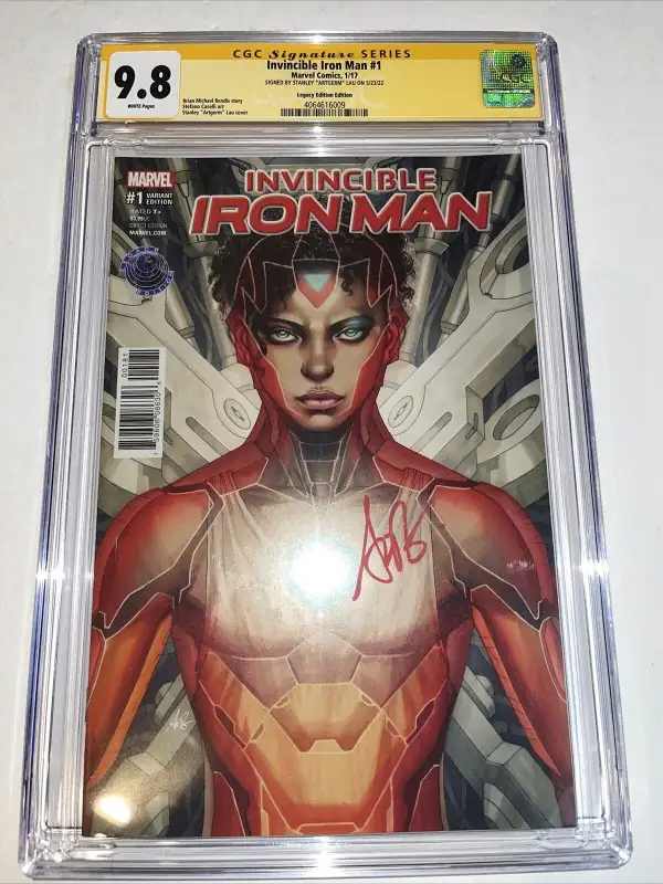 Invincible Iron Man #1 (Marvel Comics, 2017), CGC 9.8 graded comic book, Signature Series label — front cover in its holder