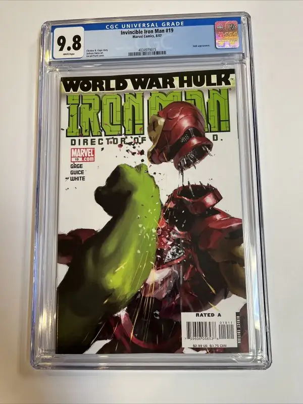 Invincible Iron Man #19 (Marvel Comics, 2007), CGC 9.8 graded comic book, Universal Blue label — front cover in its holder
