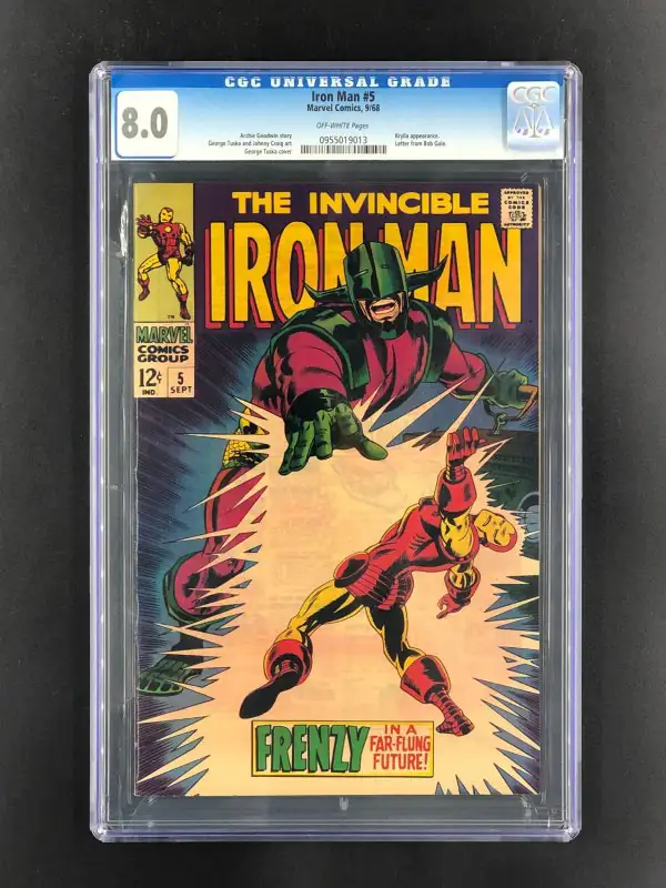 Iron Man #5 (Marvel Comics, 1968), CGC 8.0 graded comic book, Universal Blue label — front cover in its holder