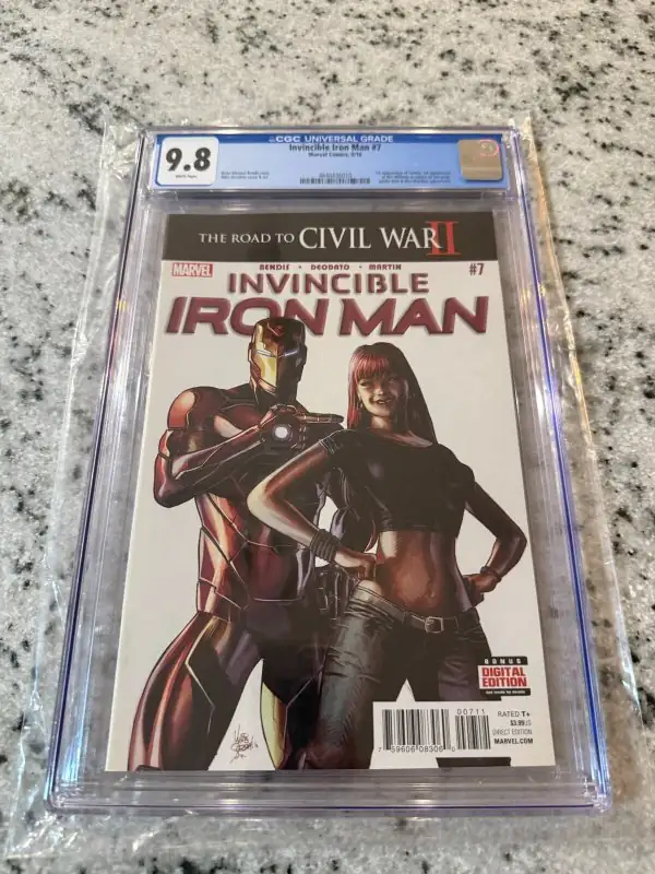 Iron Man #7 (Marvel Comics, 2016), CGC 9.8 graded comic book, Universal Blue label — front cover in its holder