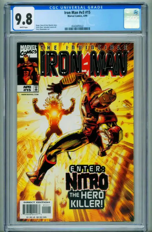 Iron Man v.3 #15 (Marvel Comics, 2001), CGC 9.8 graded comic book, Universal Blue label — front cover in its holder