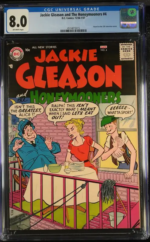 Jackie Gleason and the Honeymooners #4 (DC Comics, 1956), CGC 8.0 graded comic book, Universal Blue label — front cover in its holder