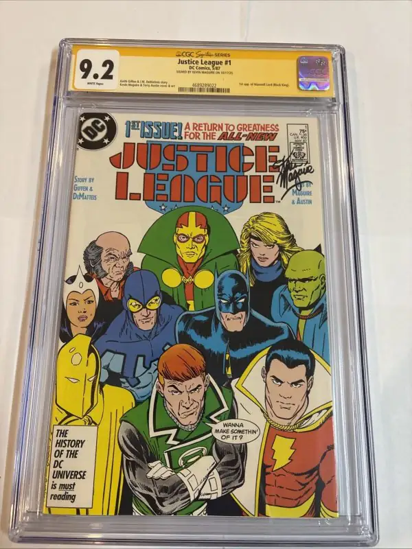 Justice League #1 (DC Comics, 1987), CGC 9.2 graded comic book, Signature Series label — front cover in its holder